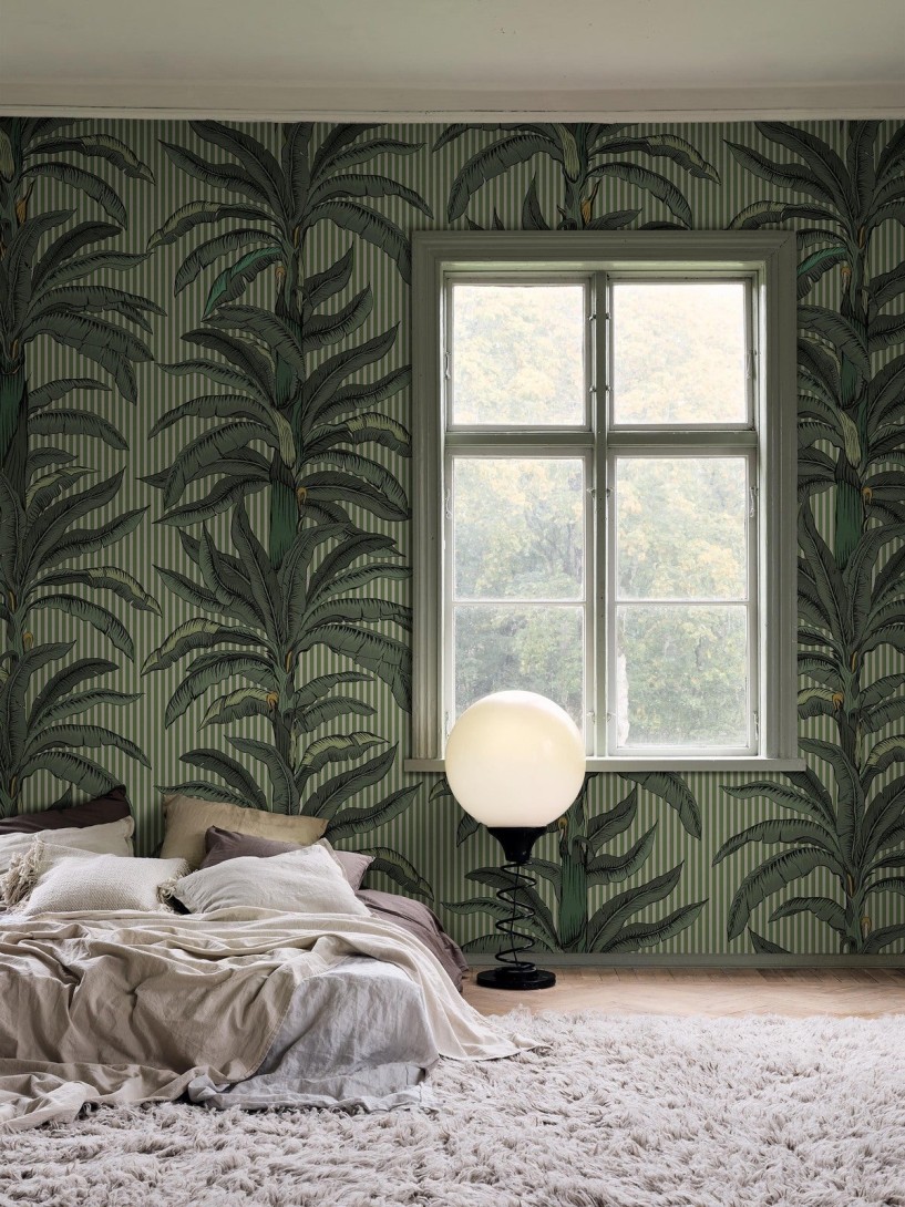 Boras Tapeter 9711W Château Collection Rayure Palmier Green - mural w liście palm i paski