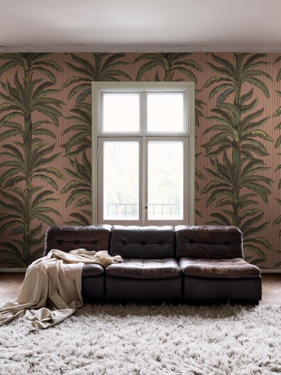 Boras Tapeter 9712W Château Collection Rayure Palmier Pink - mural w liście palm i paski