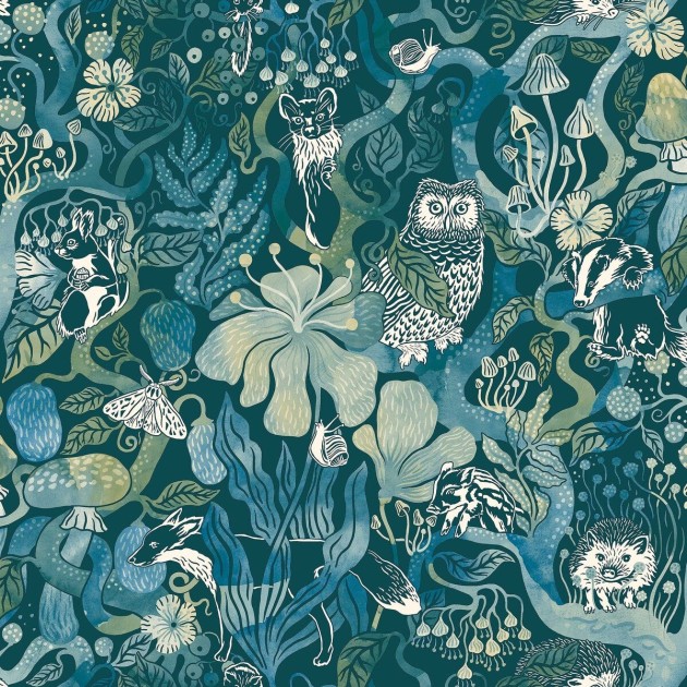 Boras Tapeter 8149 Fairyland Magic Woods Blue - tapeta dziecięca w leśne zwierzęta i drzewa