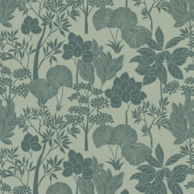 Casamance 76900304 Tressora Inara Céladon/doré - tapeta w roślinny motyw na strukturalnym tle