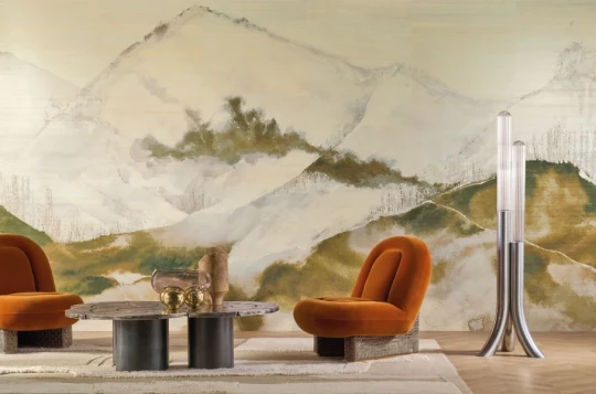 Casamance 71750155 Exploration Horizon Sable beige doré - tekstylny mural w górski krajobraz