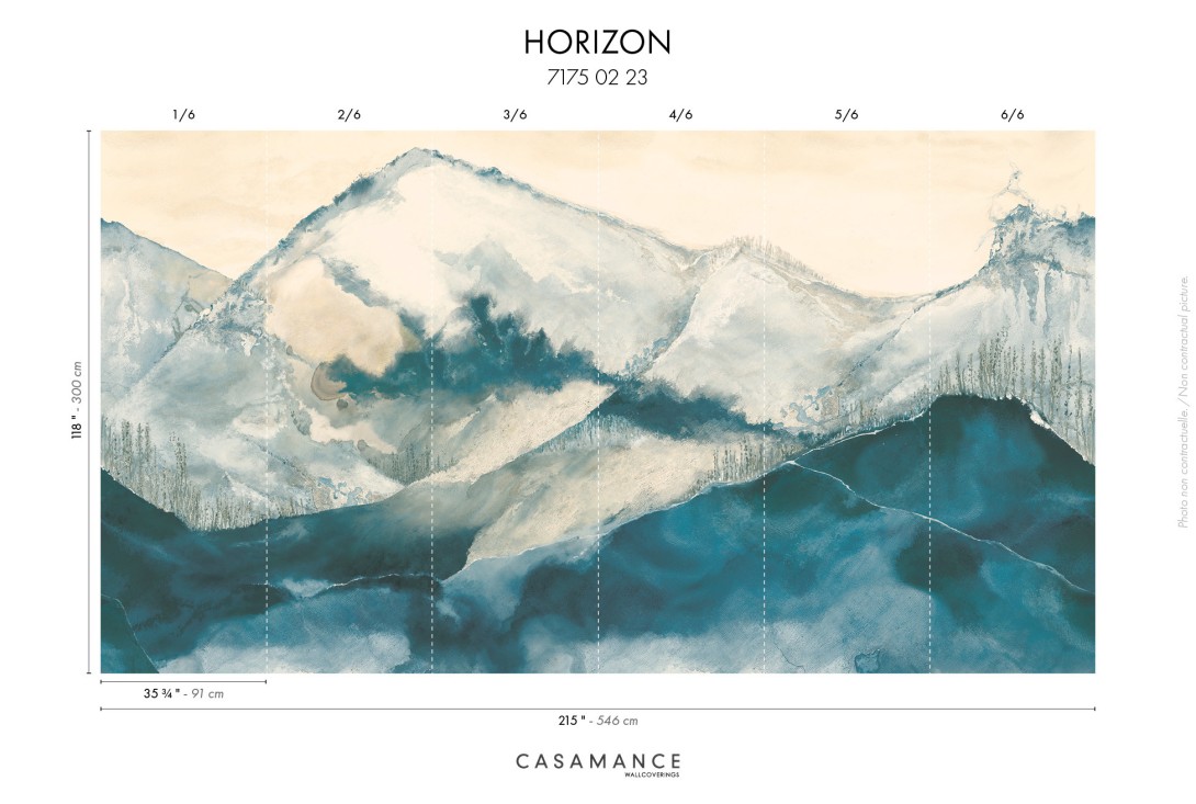 Casamance 71750223 Exploration Horizon Bleu beige doré - tekstylny mural w górski krajobraz