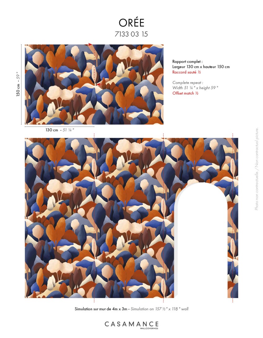 Casamance 71330315 Exploration Orée Bleu électrique/acajou - welurowa tapeta w leśny krajobraz