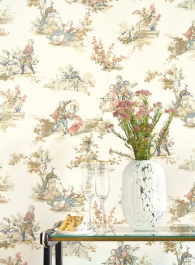 Casadeco 201731919 Les Belles Toiles de Jouy 2 Gavotte Beige lin - tapeta w scenki rodzajowe