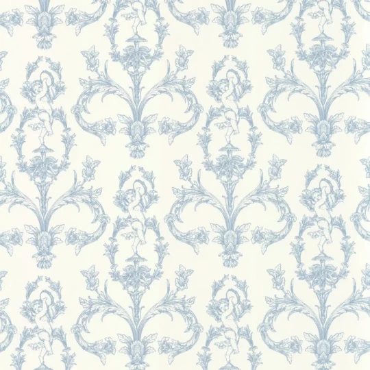 Casadeco 201716226 Les Belles Toiles de Jouy 2 Seraphin Bleu porcelaine - tapeta z motywem cherubinów i kwiatów