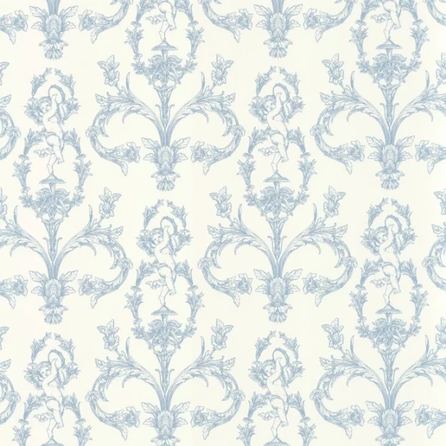 Casadeco 201716226 Les Belles Toiles de Jouy 2 Seraphin Bleu porcelaine - tapeta z motywem cherubinów i kwiatów