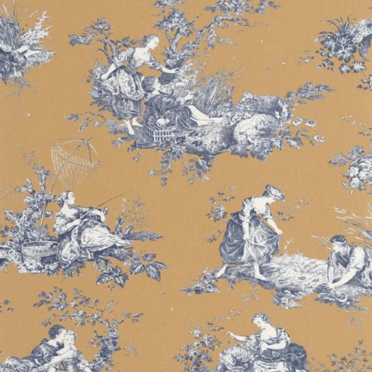 Casadeco 87912606 Les Belles Toiles de Jouy 2 Scène d’été Ocre - tapeta w scenki rodzajowe