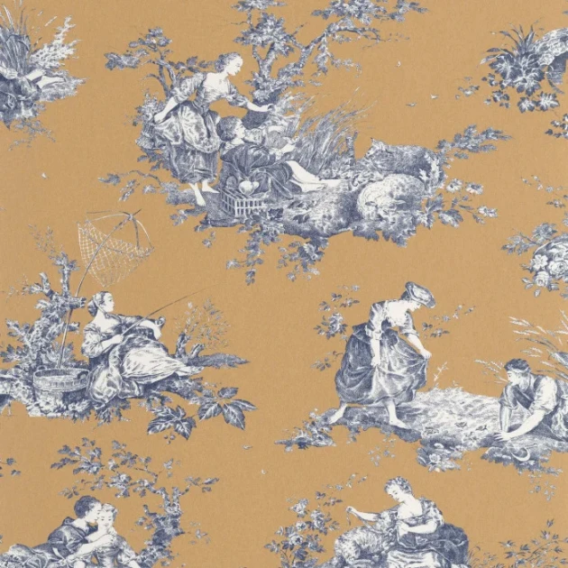Casadeco 87912606 Les Belles Toiles de Jouy 2 Scène d’été Ocre - tapeta w scenki rodzajowe