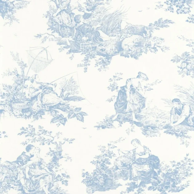 Casadeco 87916217 Les Belles Toiles de Jouy 2 Scène d’été Bleu porcelaine - tapeta w scenki rodzajowe