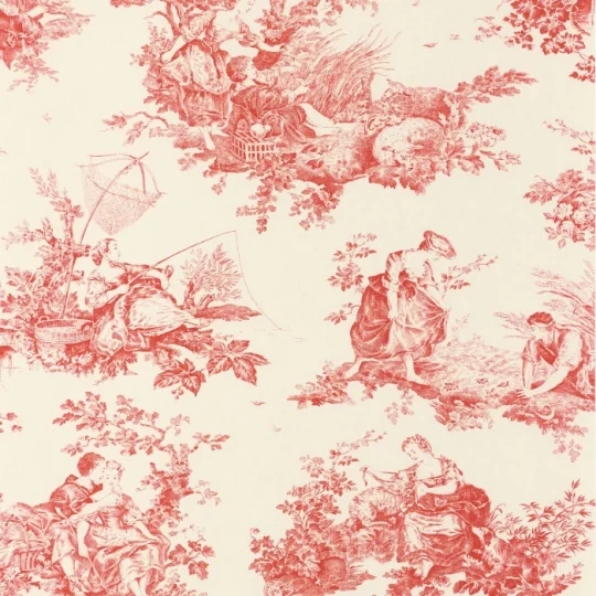 Casadeco 87918201 Les Belles Toiles de Jouy 2 Scène d’été Rouge carmin - tapeta w scenki rodzajowe