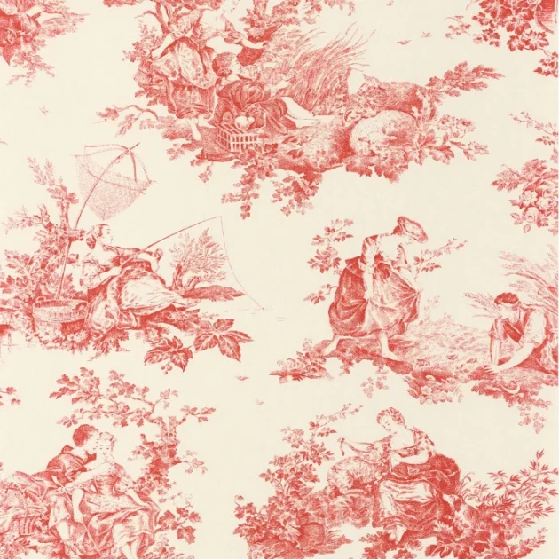 Casadeco 87918201 Les Belles Toiles de Jouy 2 Scène d’été Rouge carmin - tapeta w scenki rodzajowe