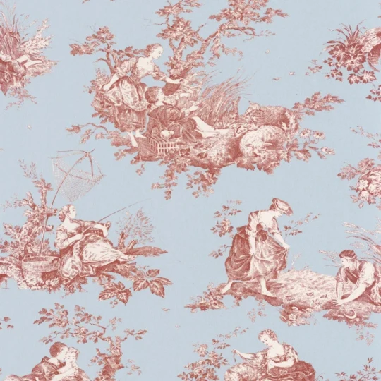 Casadeco 87916808 Les Belles Toiles de Jouy 2 Scène d’été Rouge grenat - tapeta w scenki rodzajowe