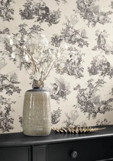 Casadeco 87916808 Les Belles Toiles de Jouy 2 Scène d’été Rouge grenat - tapeta w scenki rodzajowe