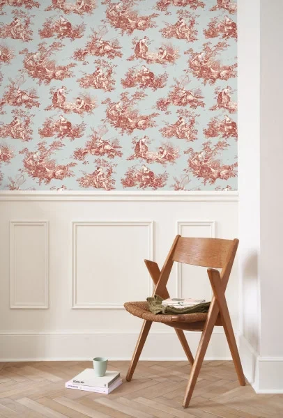 Casadeco 87916808 Les Belles Toiles de Jouy 2 Scène d’été Rouge grenat - tapeta w scenki rodzajowe