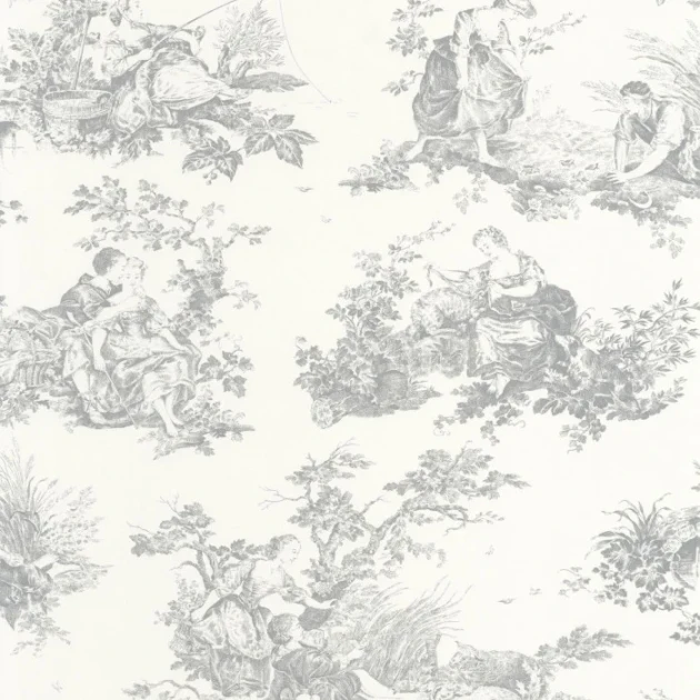 Casadeco 87919103 Les Belles Toiles de Jouy 2 Scène d’été Gris perle - tapeta w scenki rodzajowe