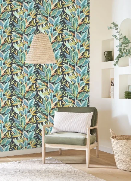 Casadeco 201816641 Rio Ficus Bleu encre - tapeta w egzotyczne rośliny