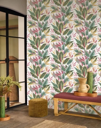 Casadeco 201814218 Rio Ficus Fuchsia - tapeta w egzotyczne rośliny
