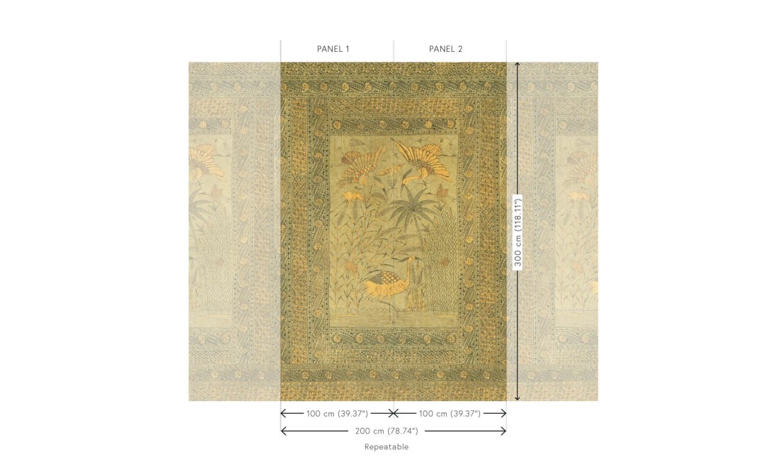 Arte 30370 Essentials Kaolin Passeggio Golden Olive - mural w żurawie na tle imitującym pergamin