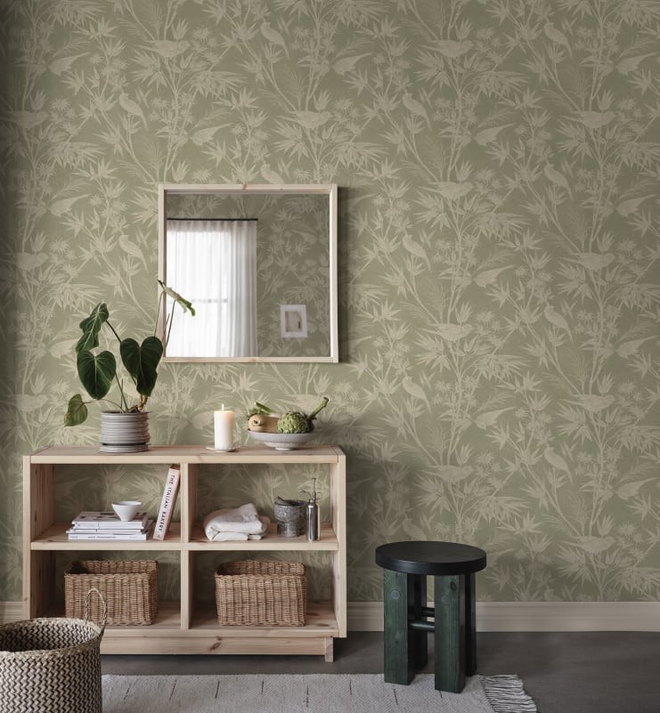 Sandberg S10622 Familjen Celeste Green - tapeta w egzotyczne ptaki wśród liści