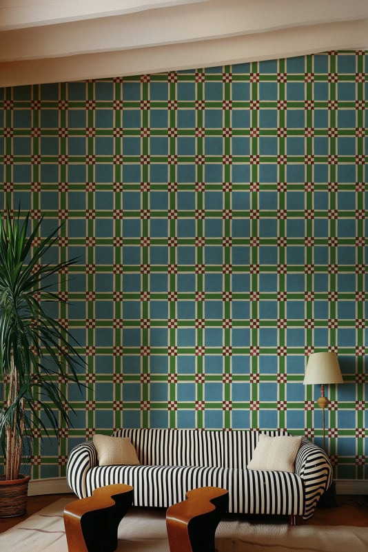 Rebel Walls R21594 Pops Bold Grid Green - mural w retro kratkę