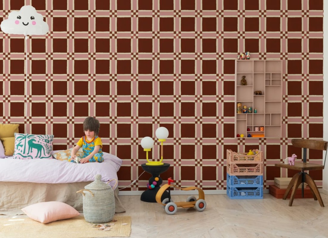 Rebel Walls R21595 Pops Bold Grid Burgundy - mural w retro kratkę