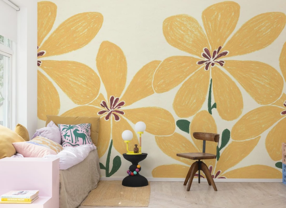 Rebel Walls R21152 Pops Sketched Flower Yellow - mural w duże kwiaty