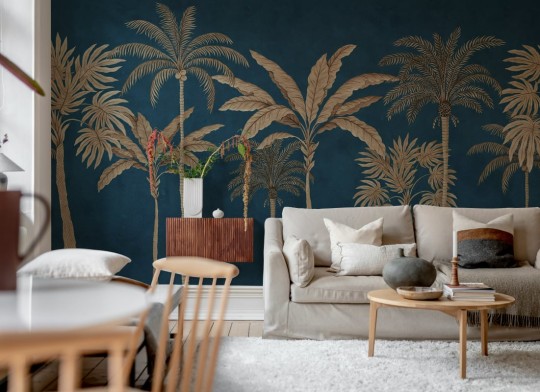 Rebel Walls R20878 Eden Escape Golden Palms Blue - mural w palmy