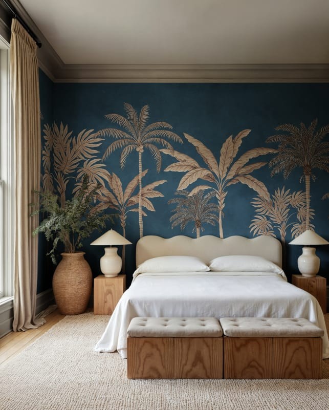 Rebel Walls R20878 Eden Escape Golden Palms Blue - mural w palmy