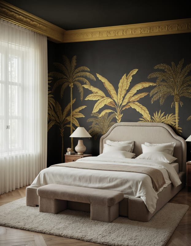 Rebel Walls R20877 Eden Escape Golden Palms Black - mural w palmy