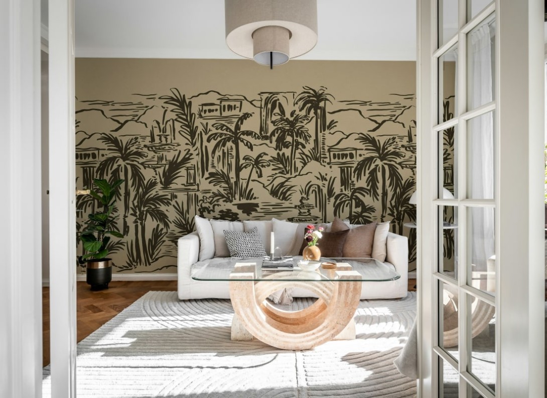 Rebel Walls R21437 Eden Escape Palm Oasis Black - mural w tropikalny krajobraz