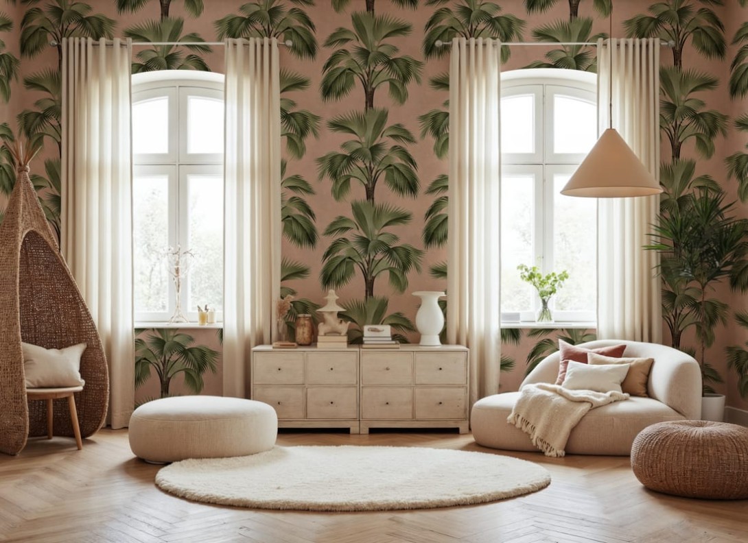 Rebel Walls R21441 Eden Escape Tropical Rhythm Pink - mural w palmy