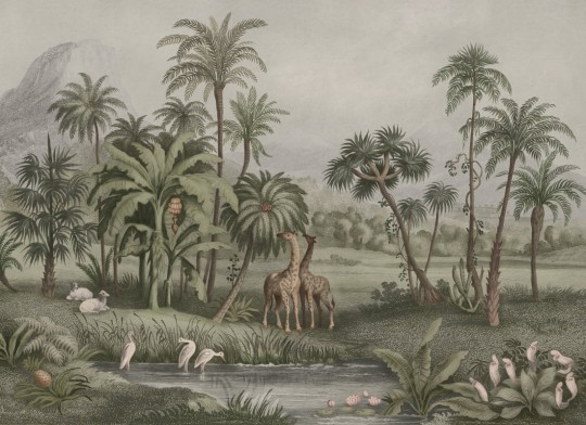 Rebel Walls R20892 Eden Escape Giraffe Savannah Green - mural w krajobraz sawanny
