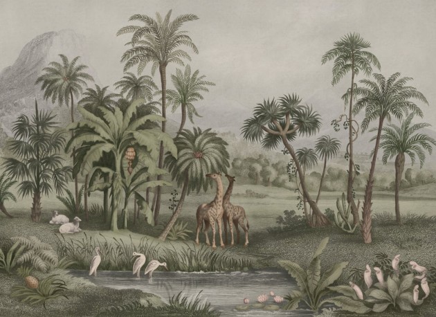 Rebel Walls R20892 Eden Escape Giraffe Savannah Green - mural w krajobraz sawanny
