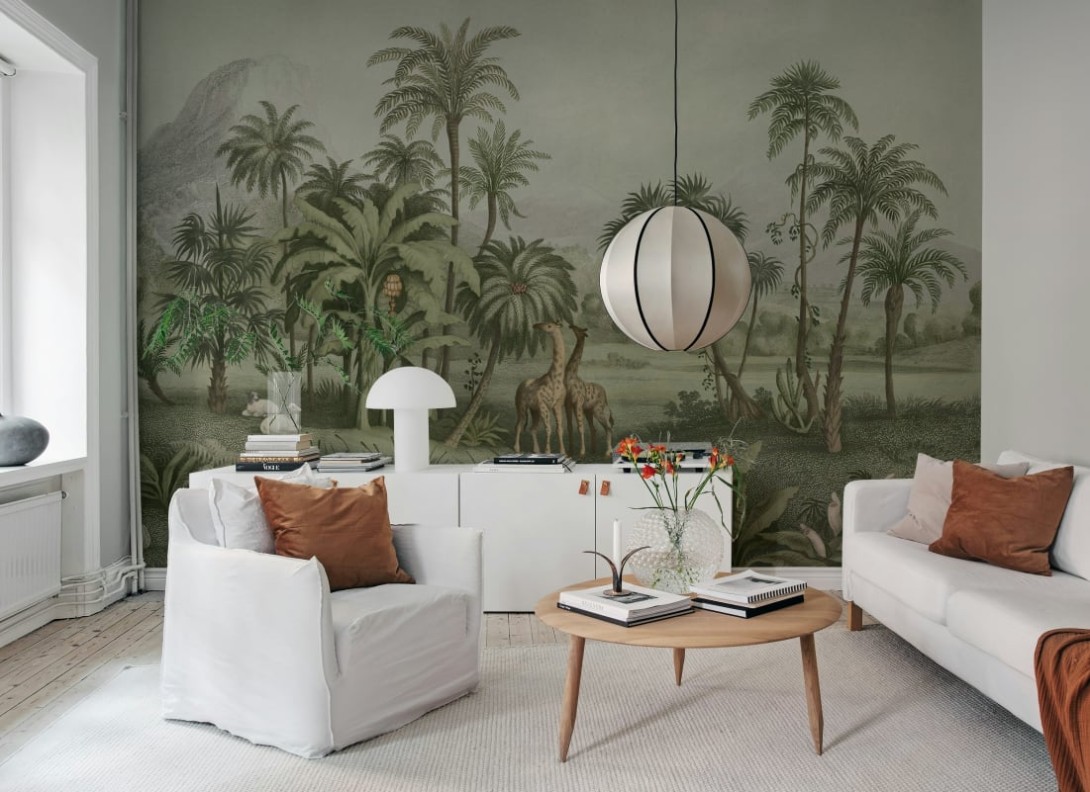 Rebel Walls R20892 Eden Escape Giraffe Savannah Green - mural w krajobraz sawanny