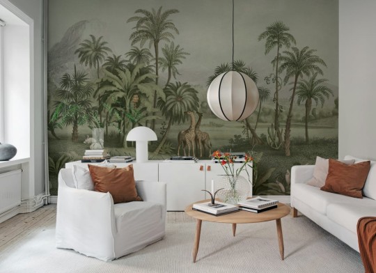 Rebel Walls R20892 Eden Escape Giraffe Savannah Green - mural w krajobraz sawanny