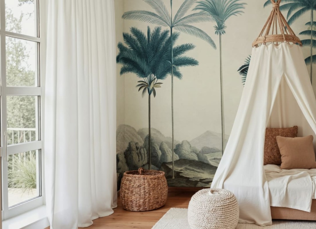 Rebel Walls R20871 Eden Escape Vintage Palms Blue - mural w ręcznie malowane palmy