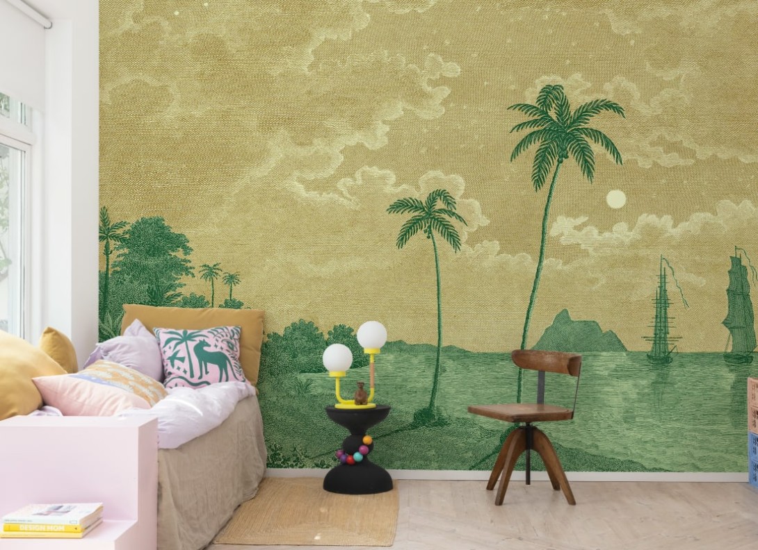 Rebel Walls R20896 Eden Escape Palm Beach Yellow - mural w tropikalną plaże i palmy