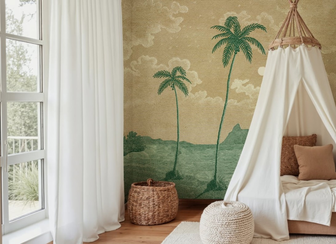 Rebel Walls R20896 Eden Escape Palm Beach Yellow - mural w tropikalną plaże i palmy