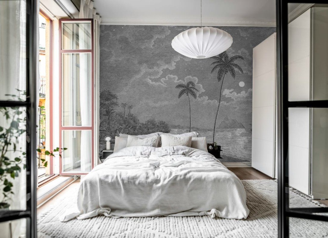 Rebel Walls R20897 Eden Escape Palm Beach Black & White - mural w tropikalną plaże i palmy