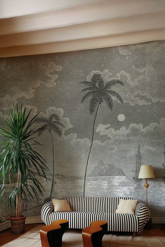 Rebel Walls R20897 Eden Escape Palm Beach Black & White - mural w tropikalną plaże i palmy
