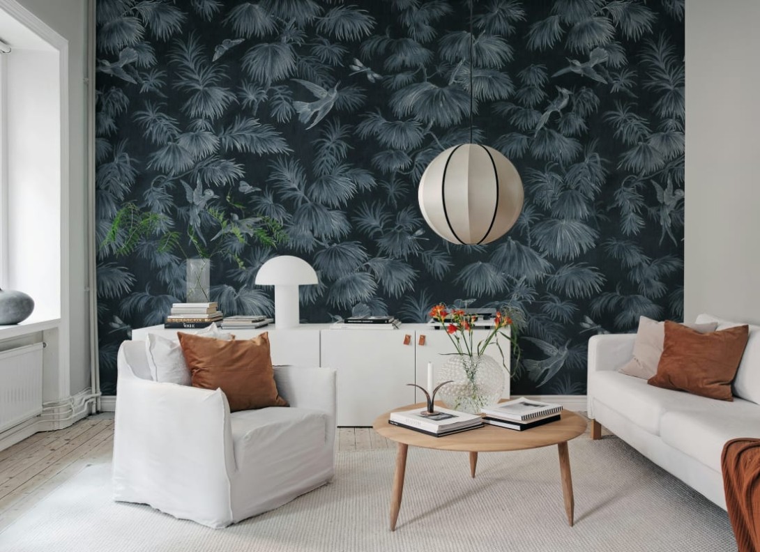 Rebel Walls R20907 Eden Escape Humming Harmony Blue - mural w ptaki i ważki w stylu vintage