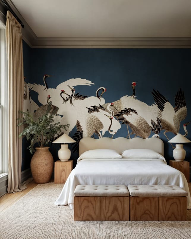 Rebel Walls R20900 Eden Escape Dancing Cranes Blue - mural w tańczące żurawie