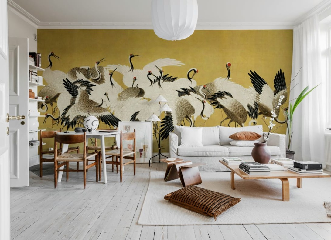 Rebel Walls R20901 Eden Escape Dancing Cranes Yellow - mural w tańczące żurawie