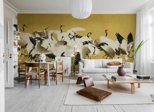 Rebel Walls R20901 Eden Escape Dancing Cranes Yellow - mural w tańczące żurawie