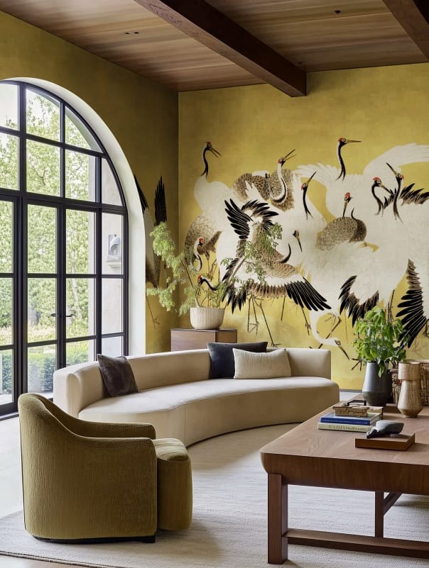 Rebel Walls R20901 Eden Escape Dancing Cranes Yellow - mural w tańczące żurawie