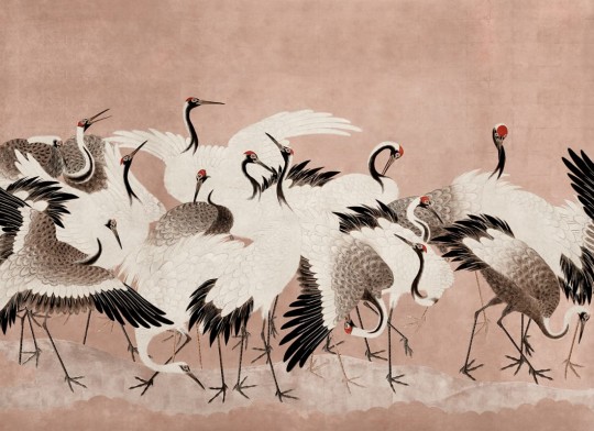 Rebel Walls R20902 Eden Escape Dancing Cranes Dusty Pink - mural w tańczące żurawie