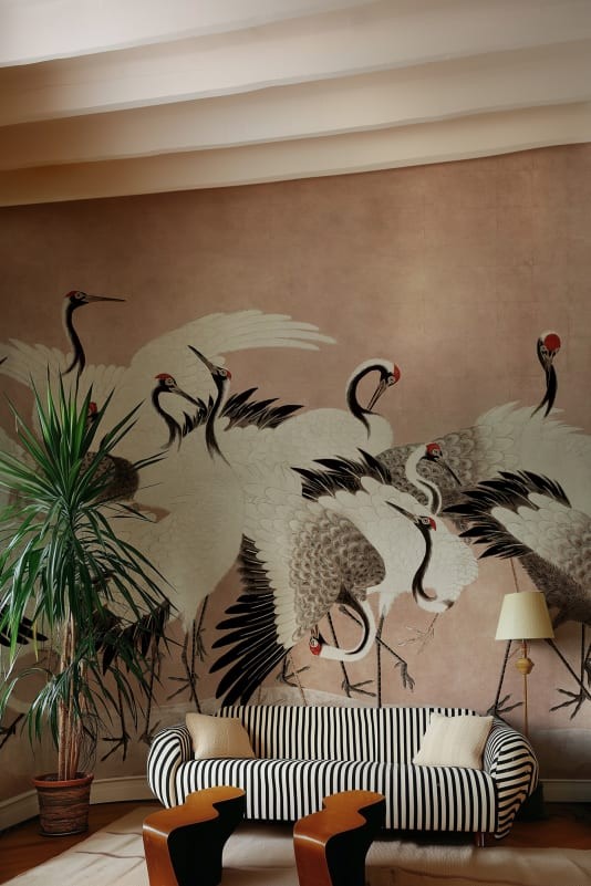 Rebel Walls R20902 Eden Escape Dancing Cranes Dusty Pink - mural w tańczące żurawie