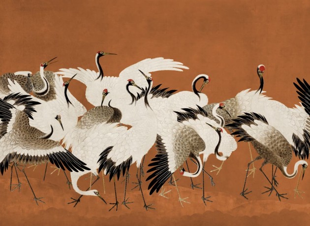 Rebel Walls R20903 Eden Escape Dancing Cranes Orange - mural w tańczące żurawie