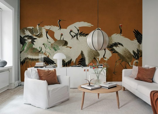 Rebel Walls R20903 Eden Escape Dancing Cranes Orange - mural w tańczące żurawie