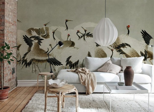 Rebel Walls R20904 Eden Escape Dancing Cranes Beige - mural w tańczące żurawie